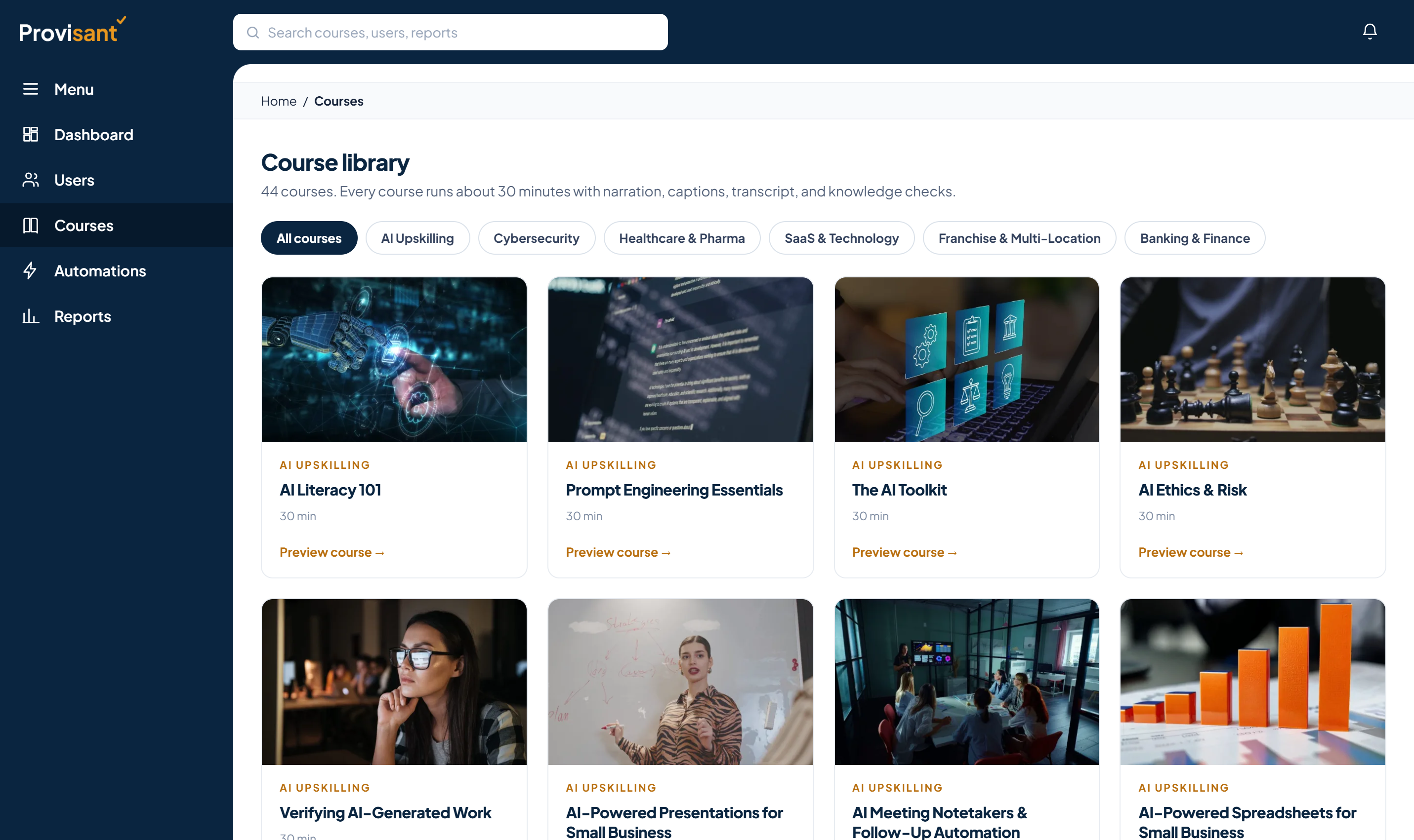 Provisant course library in the learning platform